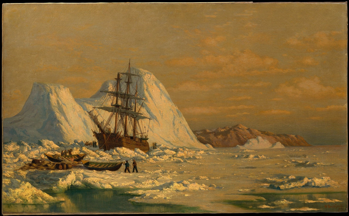 Hand-painted Arctic whaling ship among icebergs nautical oil painting on canvas