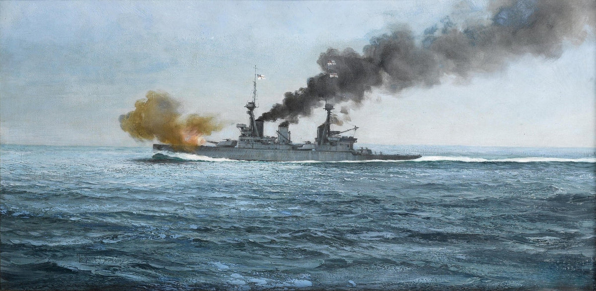 Hand-painted battleship in action on open sea nautical oil painting on canvas