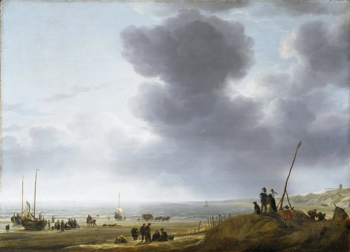 Hand-painted beach scene with boats and clouds nautical oil painting on canvas