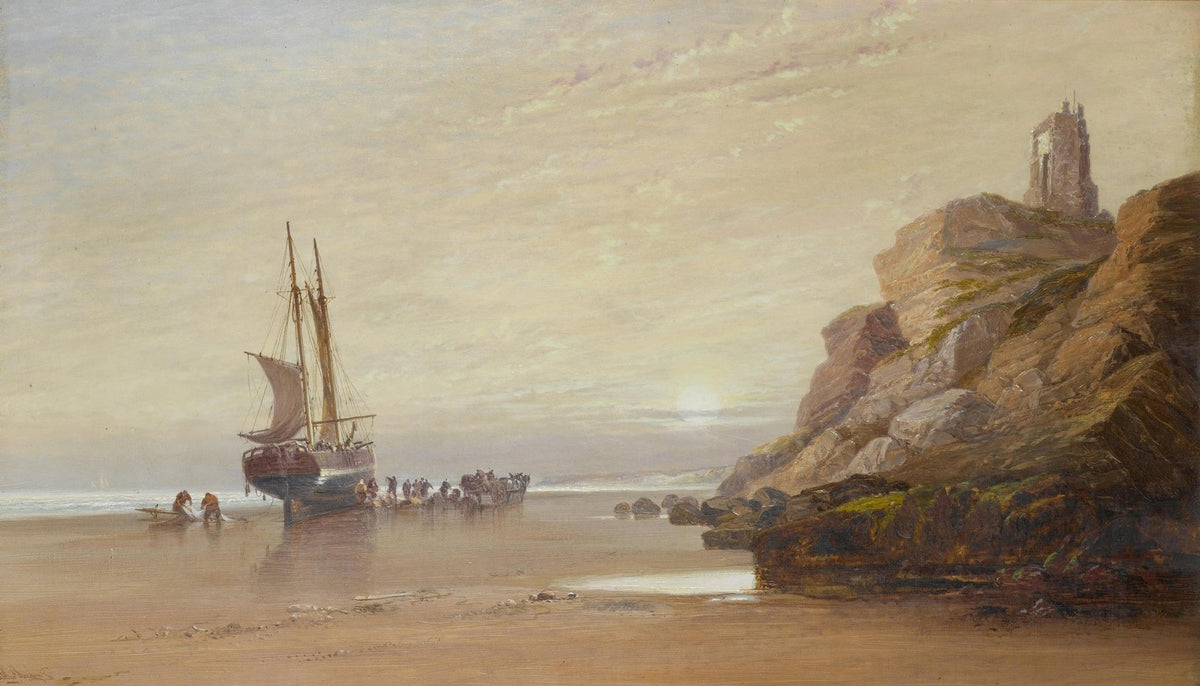 Hand-painted beached sailboat by rocky shore at dawn nautical oil painting on canvas