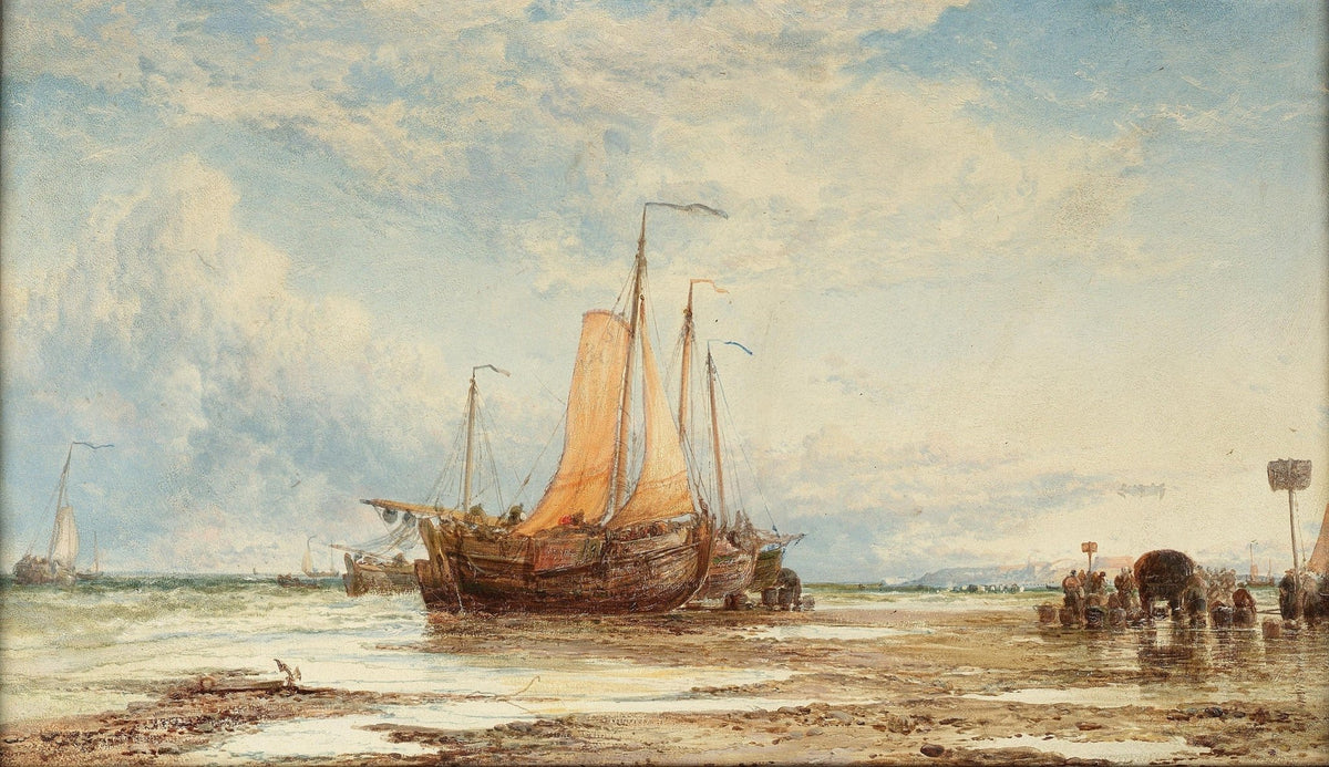 Hand-painted beached sailboats on quiet tidal shore nautical oil painting on canvas