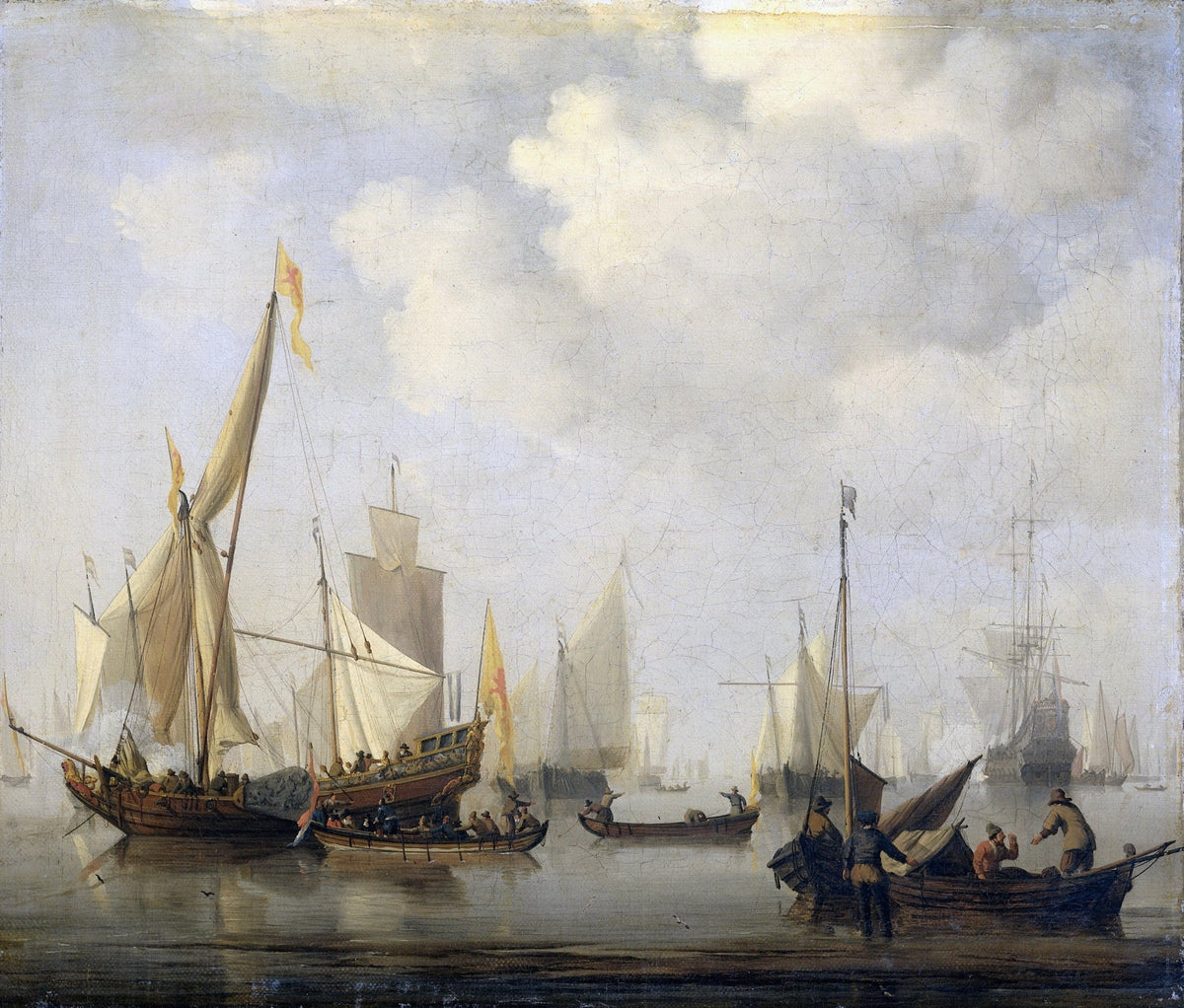 Hand-painted becalmed Dutch ships in quiet waters nautical oil painting on canvas