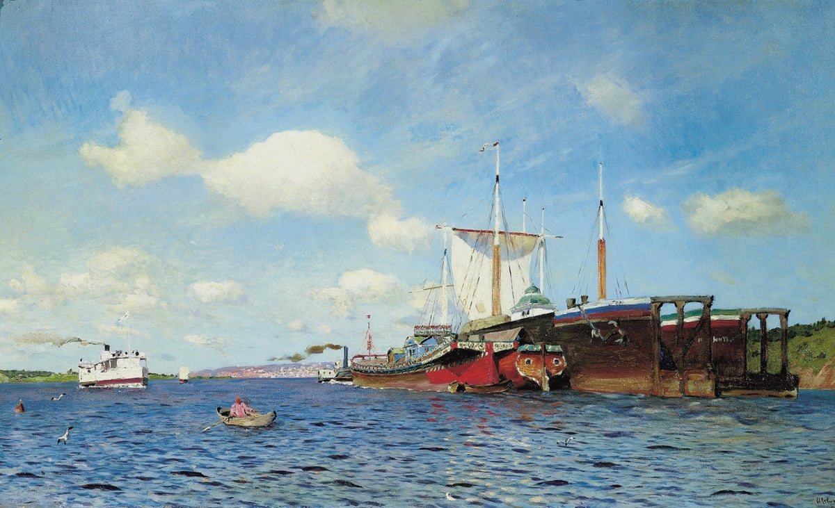 Hand-painted blue harbor boats on calm water nautical oil painting on canvas