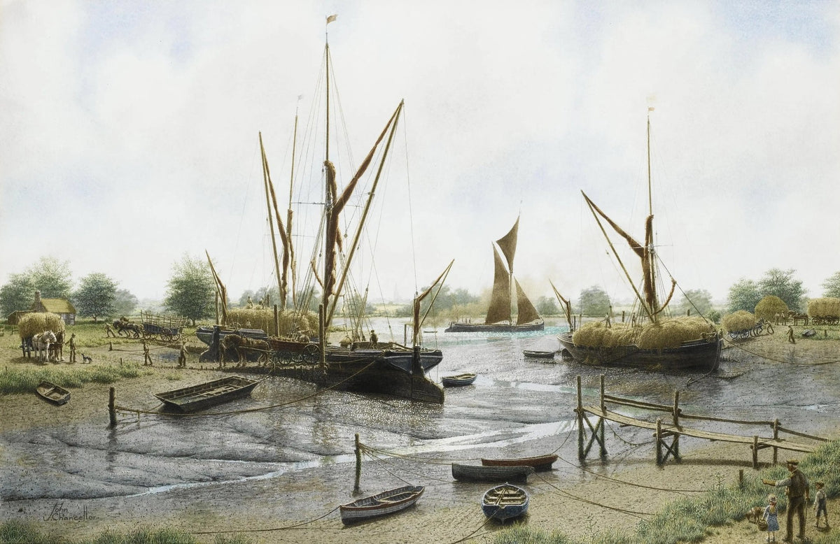 Hand-painted boats at coastal dock nautical oil painting on canvas