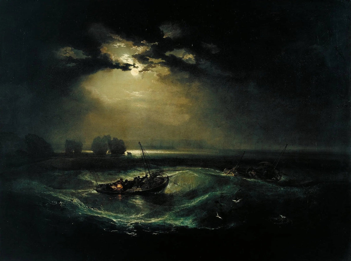 Hand-painted boats on moonlit stormy sea nautical oil painting on canvas