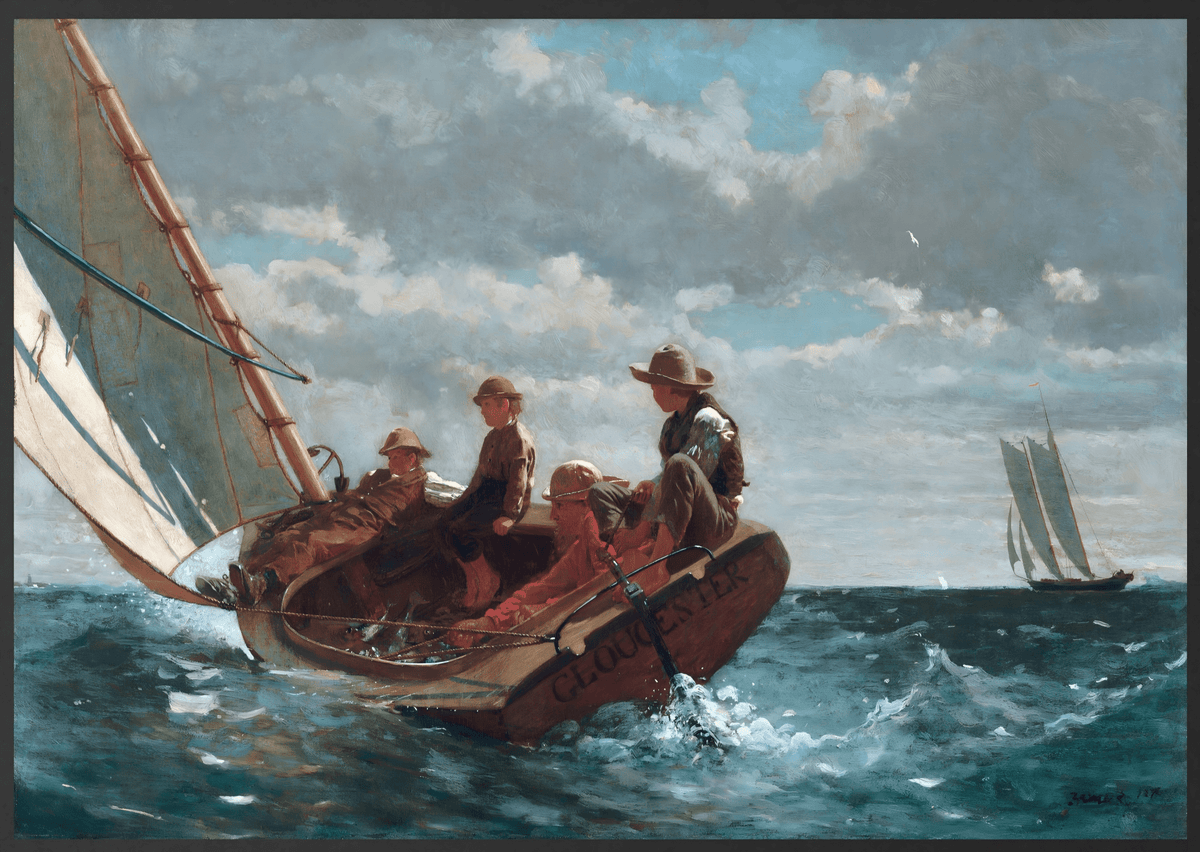 Hand-painted boys in sailboat on open sea nautical oil painting on canvas