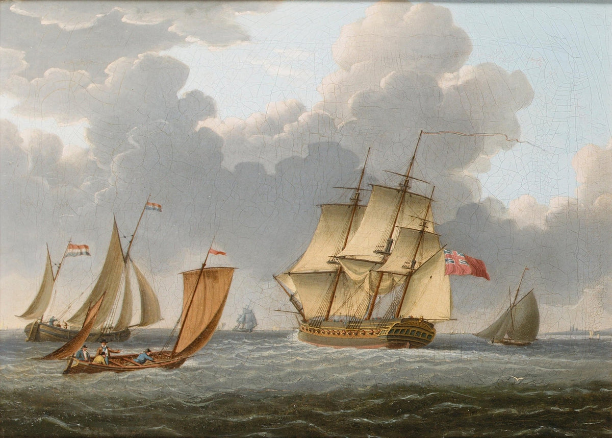 Hand-painted British frigate with coastal sailboats nautical oil painting on canvas