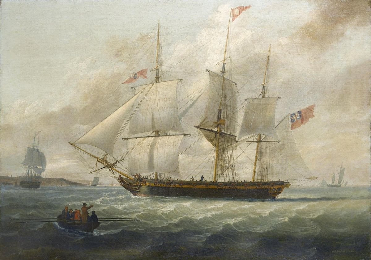 Hand-painted British frigate with sails on choppy sea nautical oil painting on canvas