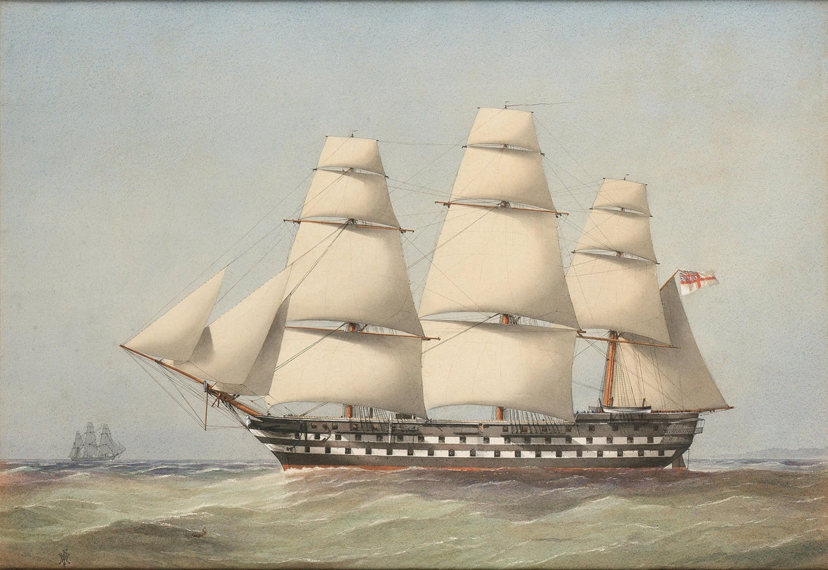 Hand-painted British warship under full white sails nautical oil painting on canvas
