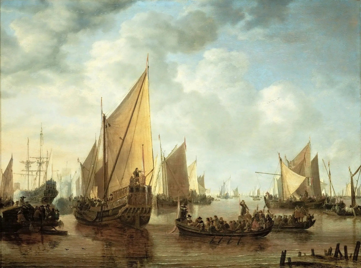 Hand-painted busy Dutch harbor with sailing ships nautical oil painting on canvas