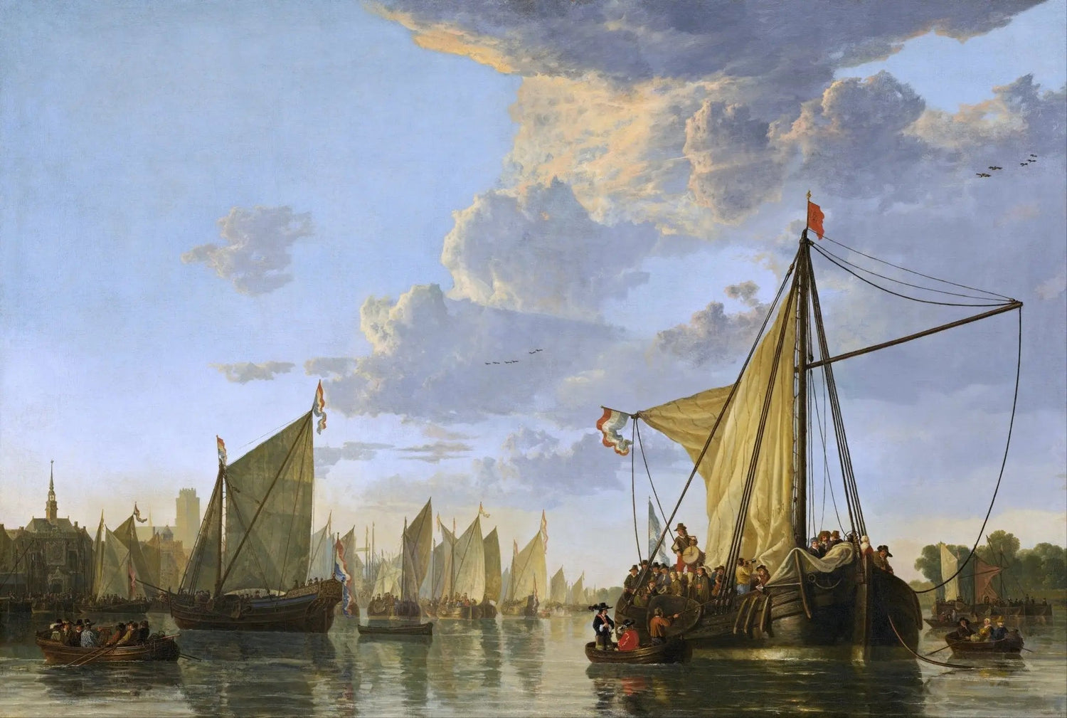 Hand-painted busy harbor with sailing ships nautical oil painting on canvas