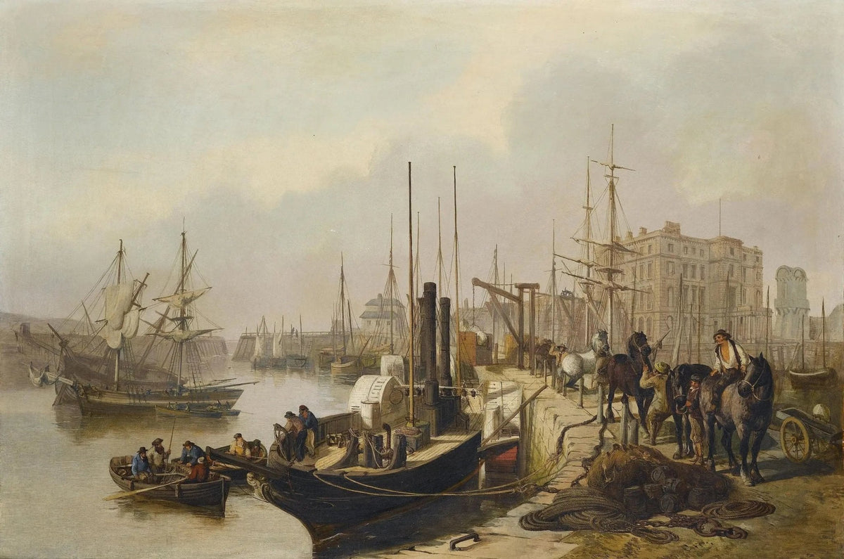 Hand-painted busy historic harbor nautical oil painting on canvas