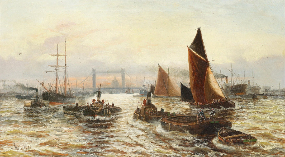 Hand-painted busy London harbor near tower bridge nautical oil painting on canvas