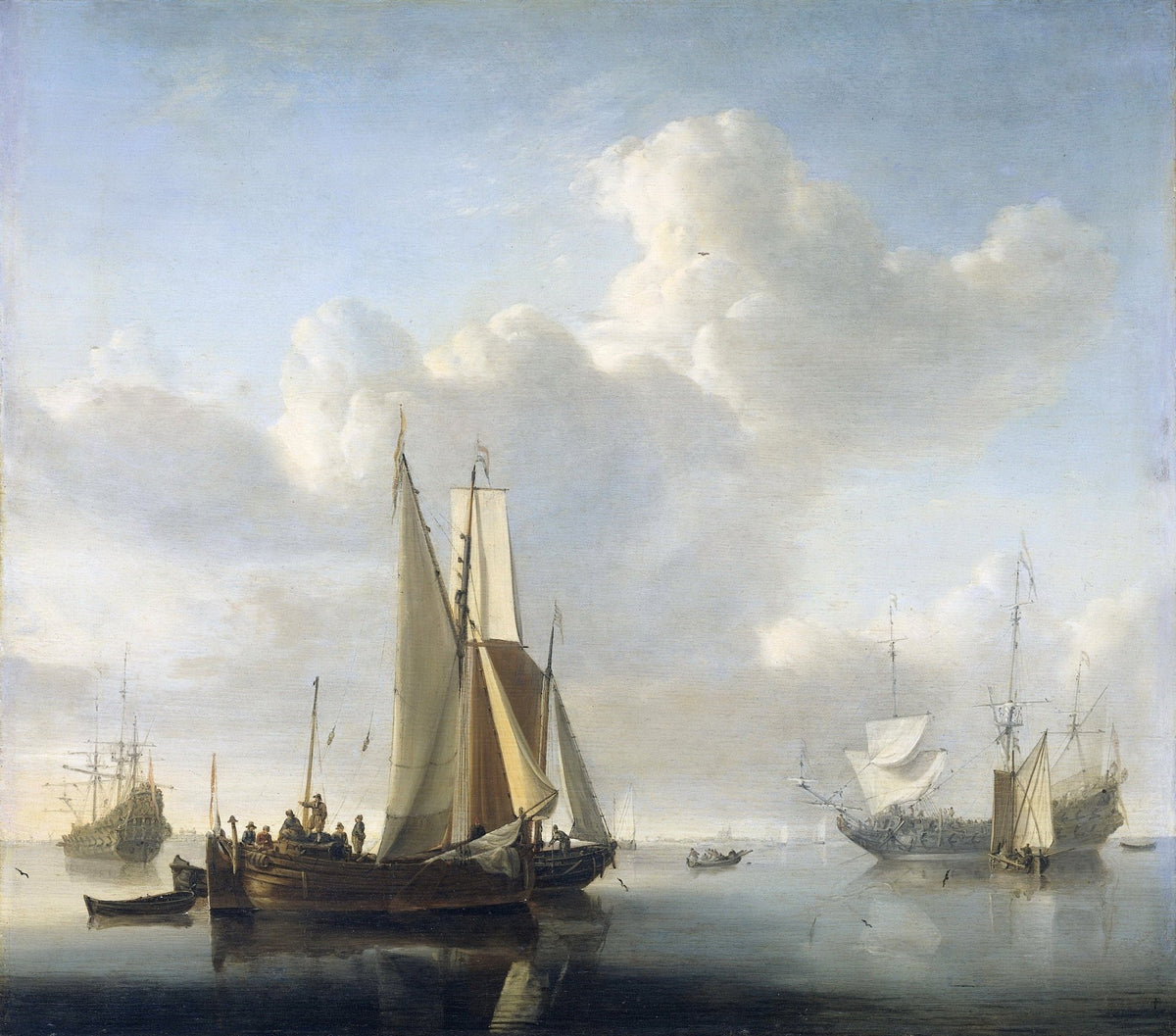 Hand-painted calm coastal ships under towering clouds nautical oil painting on canvas