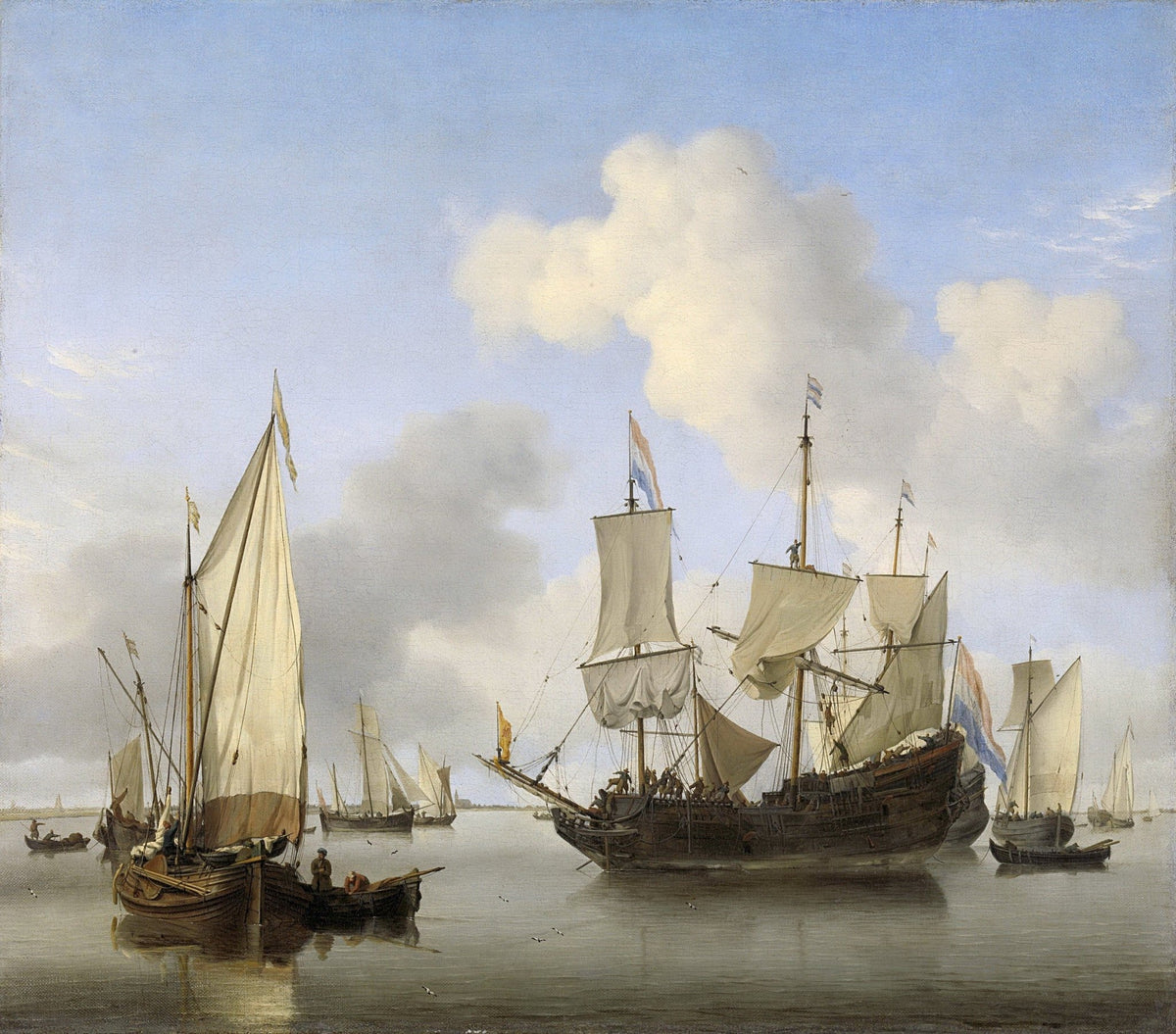 Hand-painted calm Dutch ships anchored off the coast nautical oil painting on canvas