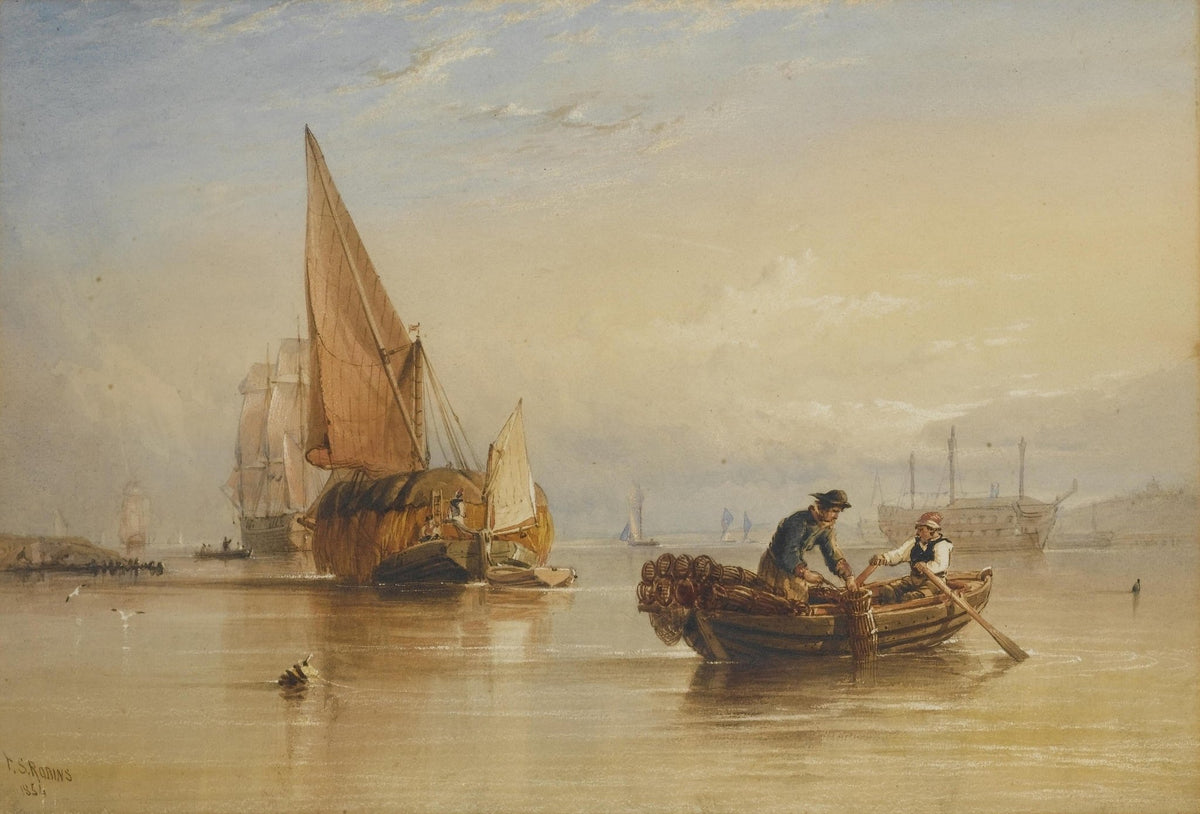 Hand-painted calm harbor boatmen at golden dawn nautical oil painting on canvas