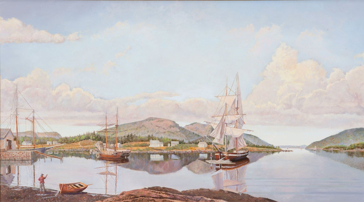 Hand-painted calm harbor sailboats with reflections nautical oil painting on canvas
