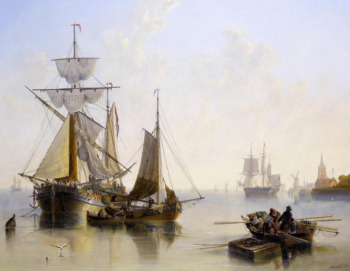 Hand-painted calm harbor ships and fishermen nautical oil painting on canvas