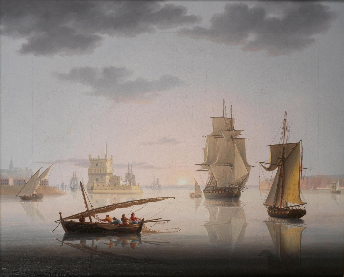 Hand-painted calm harbor ships and rowboat nautical oil painting on canvas