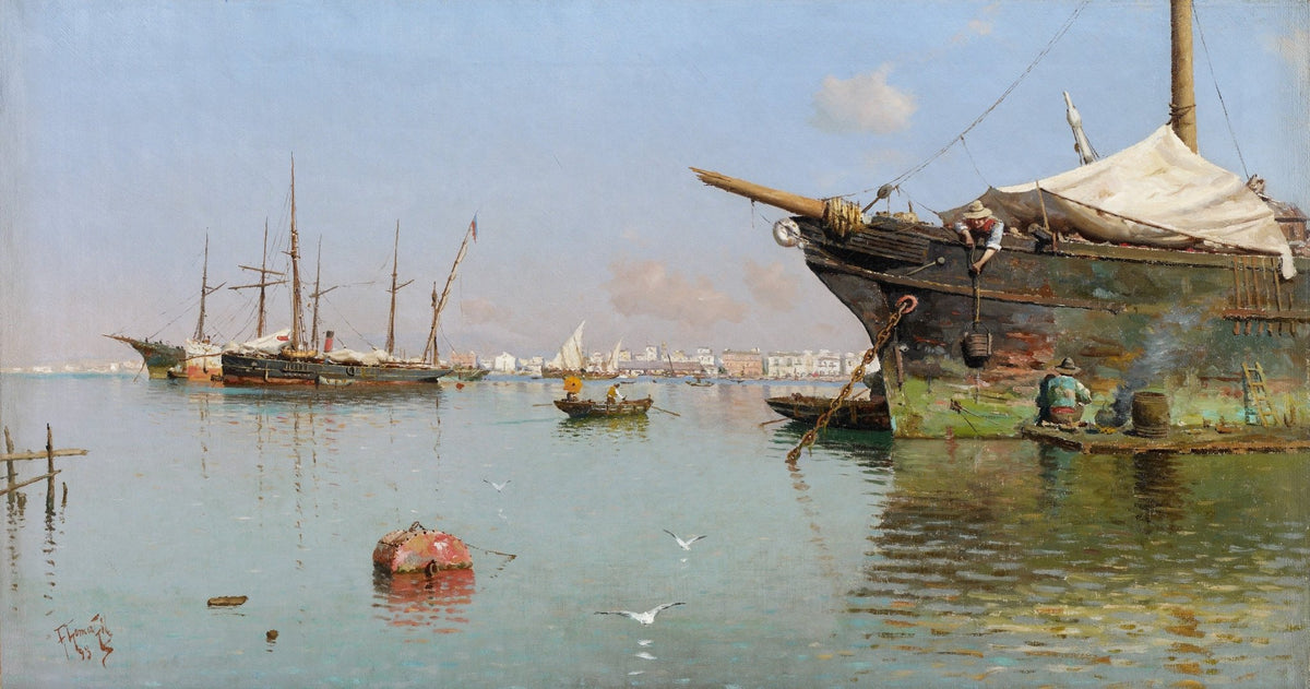 Hand-painted calm harbor ships and water reflections nautical oil painting on canvas