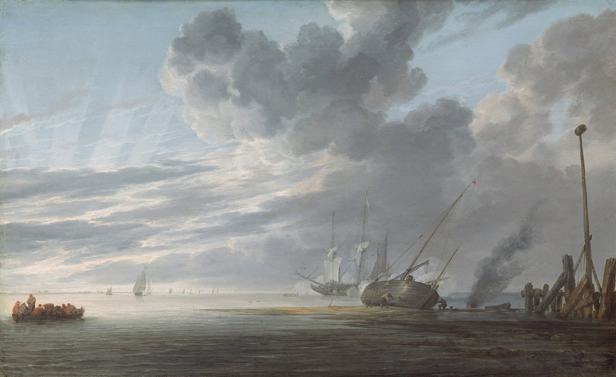 Hand-painted calm harbor ships under cloudy sky nautical oil painting on canvas