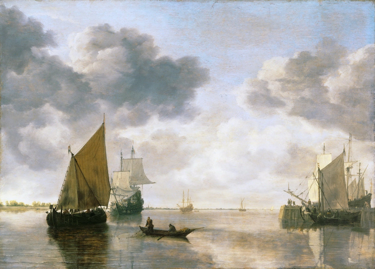 Hand-painted calm harbor with Dutch sailing ships nautical oil painting on canvas