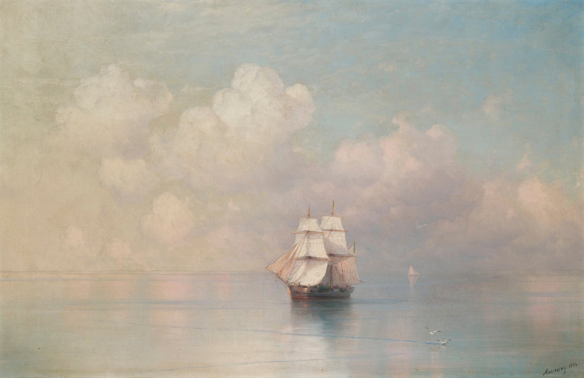 Hand-painted calm sea with sailing ship nautical oil painting on canvas