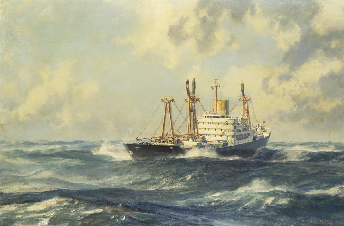Hand-painted cargo freighter in rolling ocean waves nautical oil painting on canvas