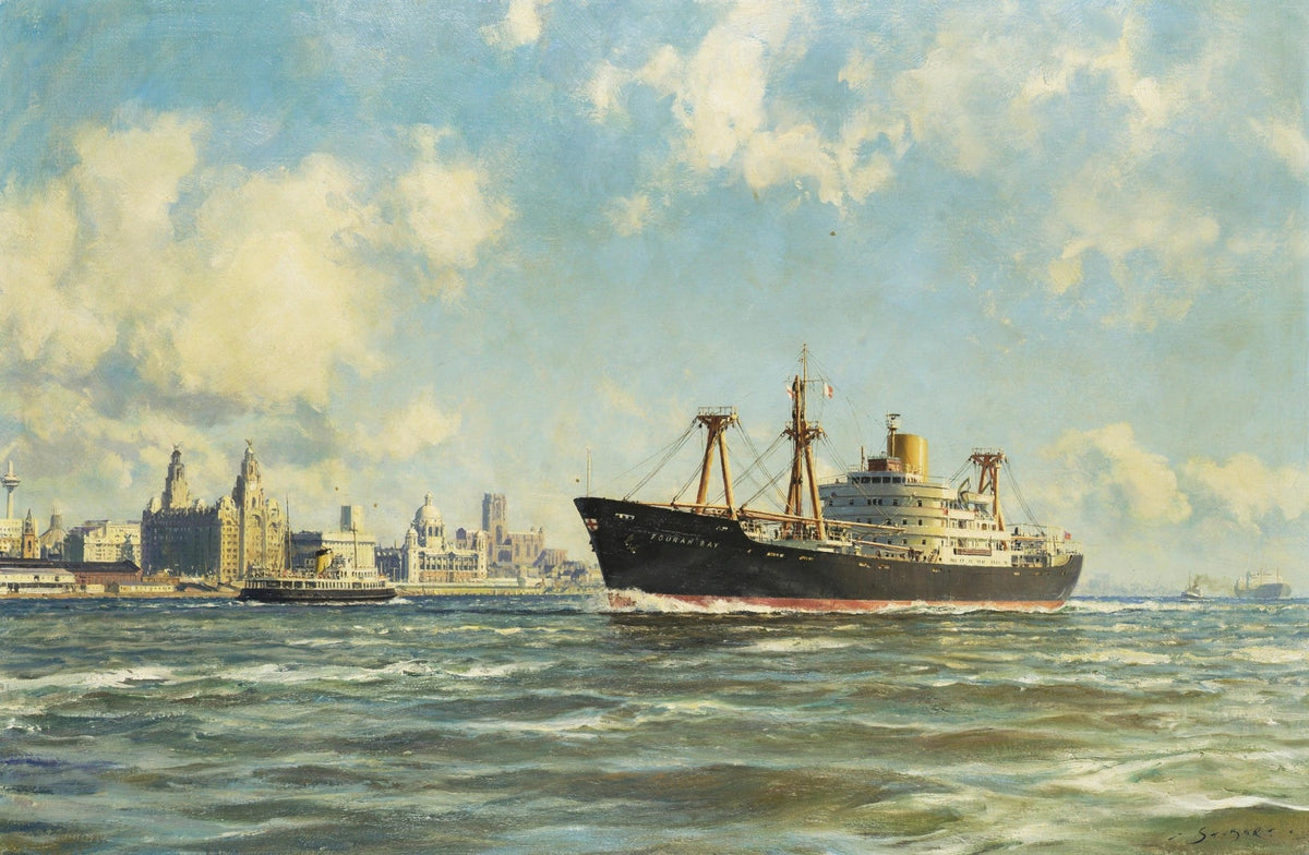 Hand-painted cargo ship by historic harbor skyline nautical oil painting on canvas