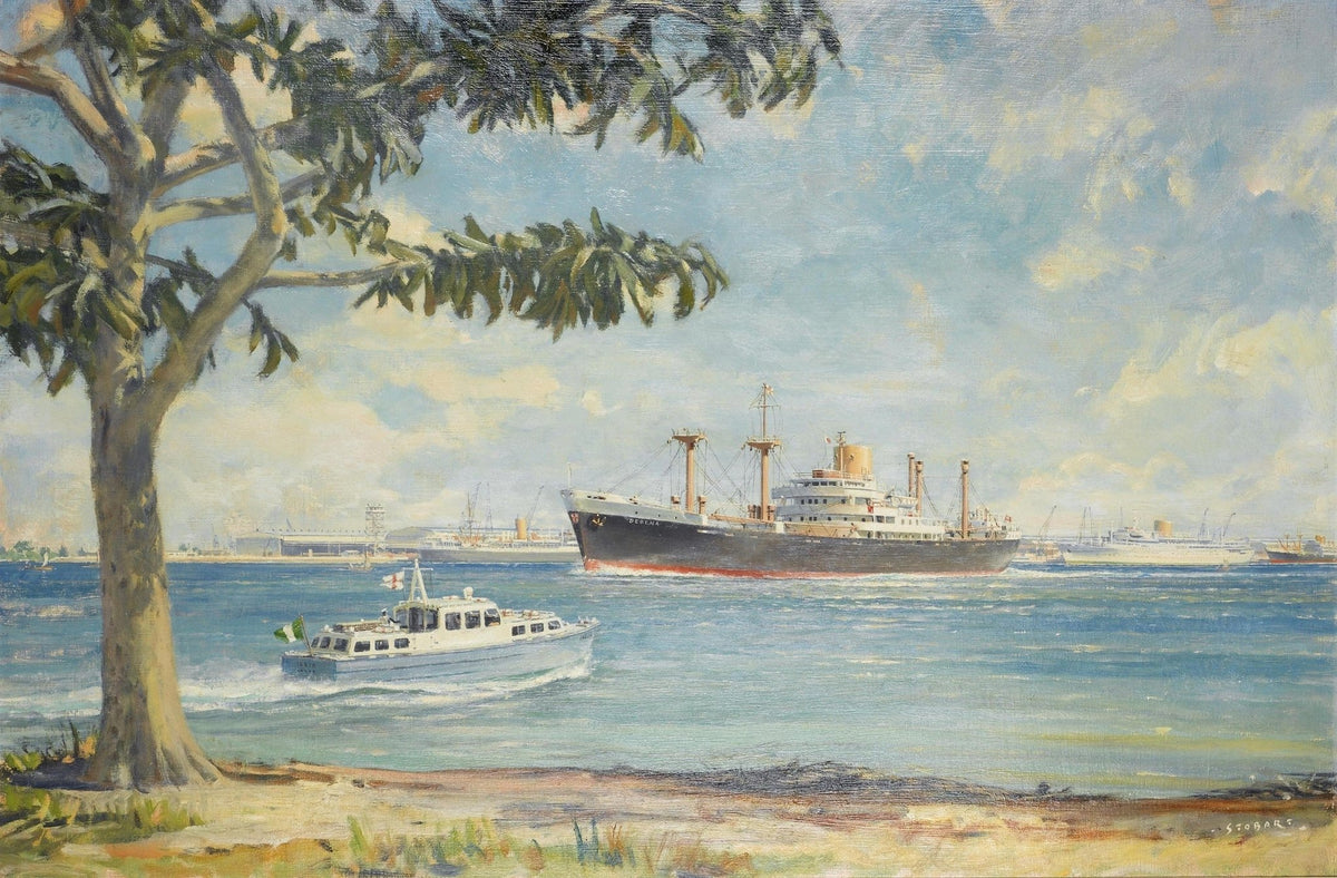 Hand-painted cargo ship in sunny harbor nautical oil painting on canvas