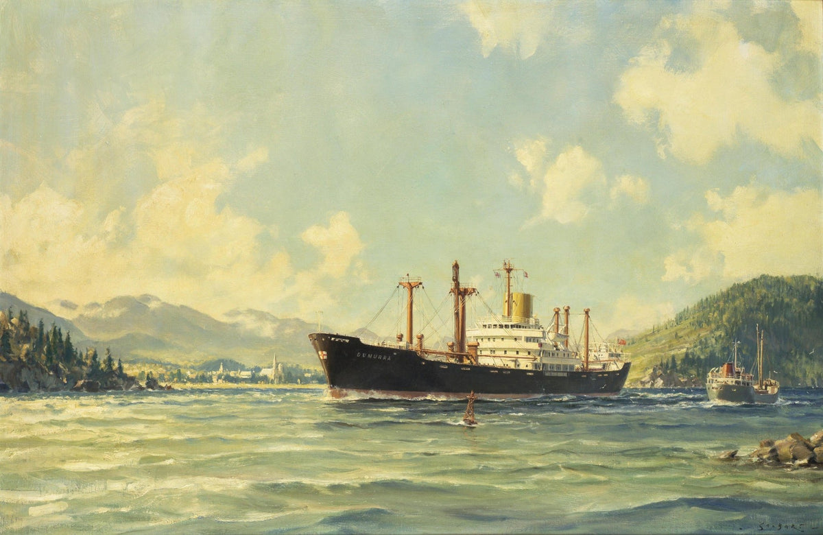 Hand-painted cargo ship on mountain coastal waters nautical oil painting on canvas