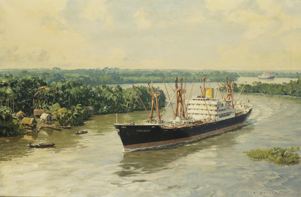 Hand-painted cargo ship on tropical river waterway nautical oil painting on canvas