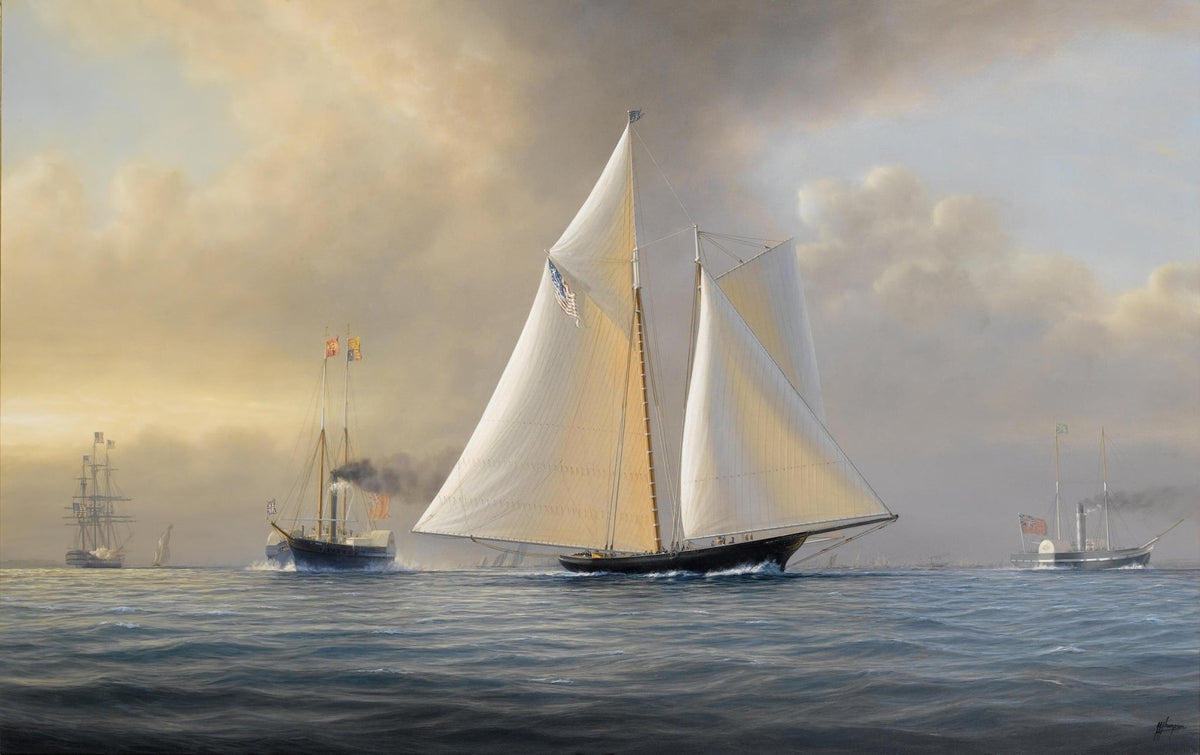 Hand-painted classic racing yacht at sunset harbor nautical oil painting on canvas