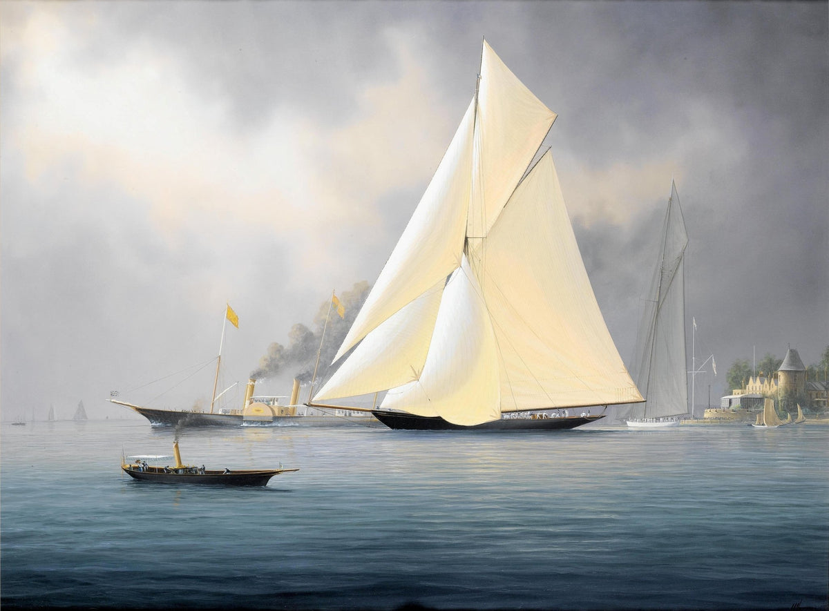 Hand-painted classic racing yacht on calm harbor nautical oil painting on canvas
