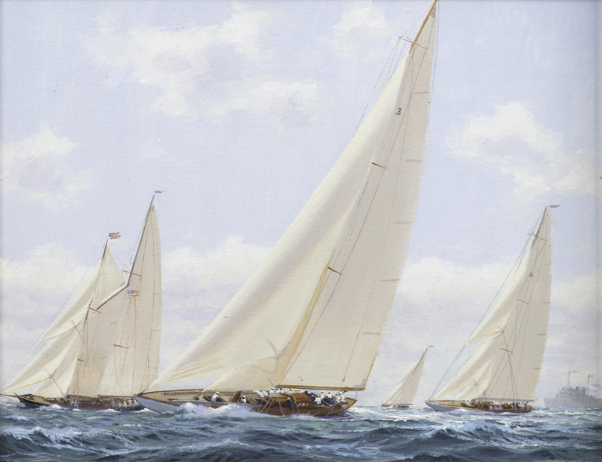 Hand-painted classic racing yachts with white sails nautical oil painting on canvas