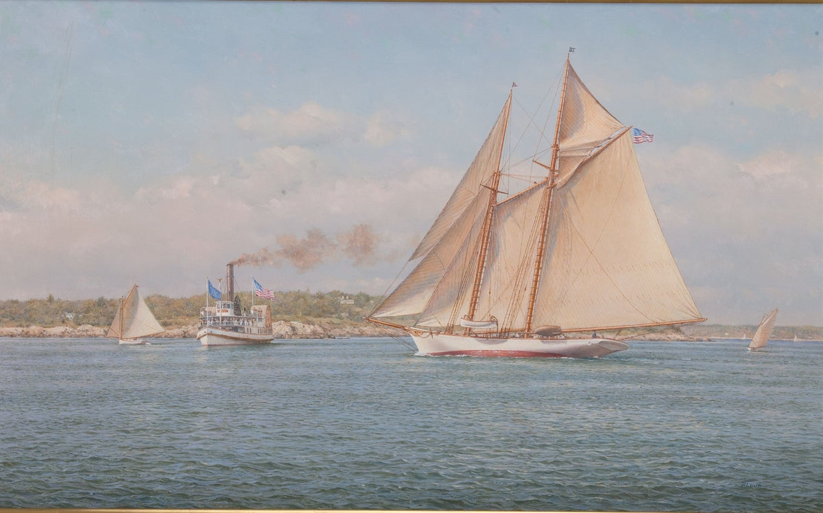 Hand-painted classic schooner and steamboat at sea nautical oil painting on canvas