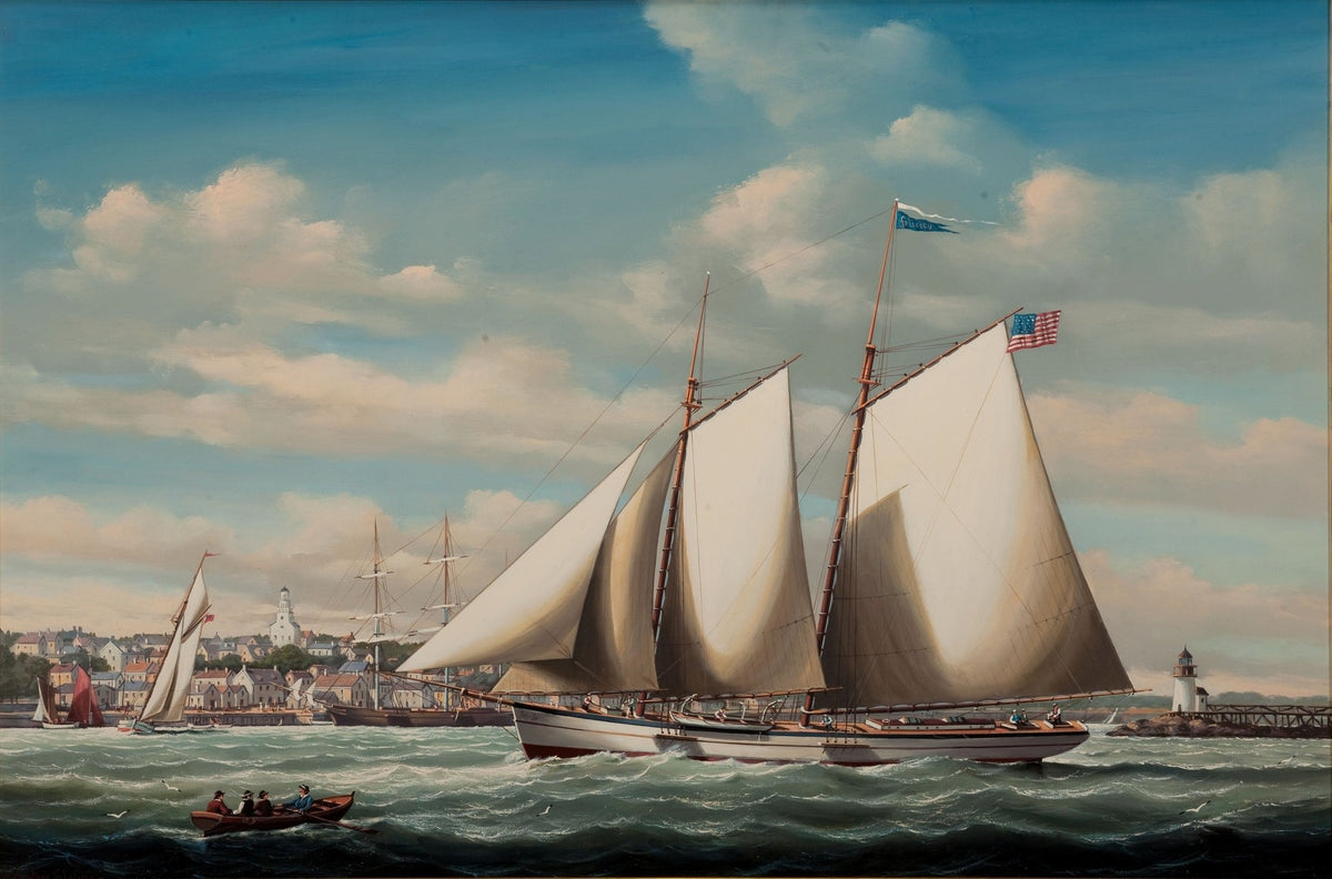 Hand-painted classic schooner by a harbor lighthouse nautical oil painting on canvas