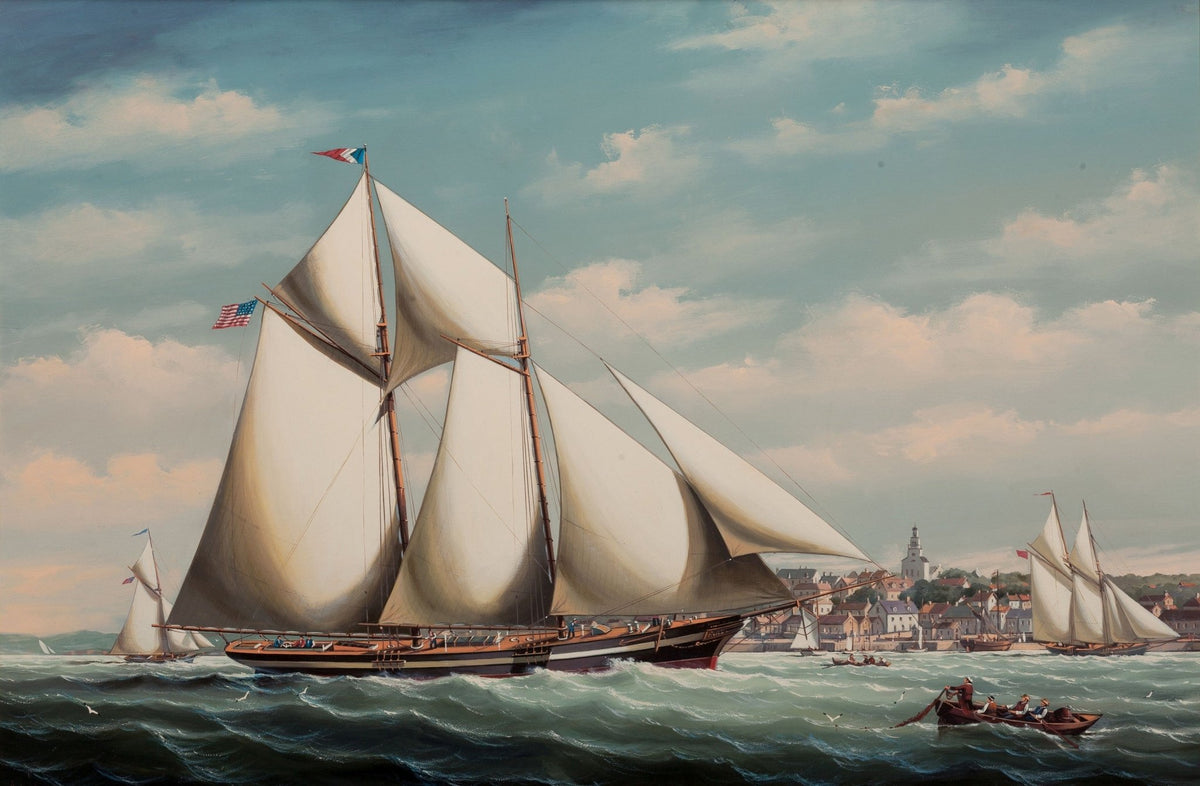 Hand-painted classic schooner in harbor town nautical oil painting on canvas