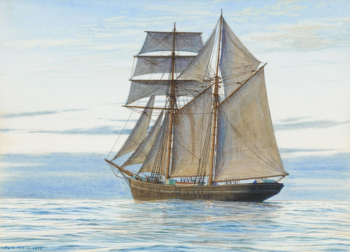 Hand-painted classic schooner on calm blue water nautical oil painting on canvas