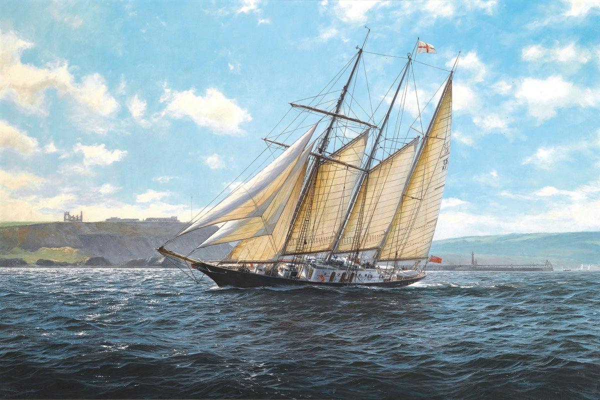 Hand-painted classic schooner sailing along coast nautical oil painting on canvas
