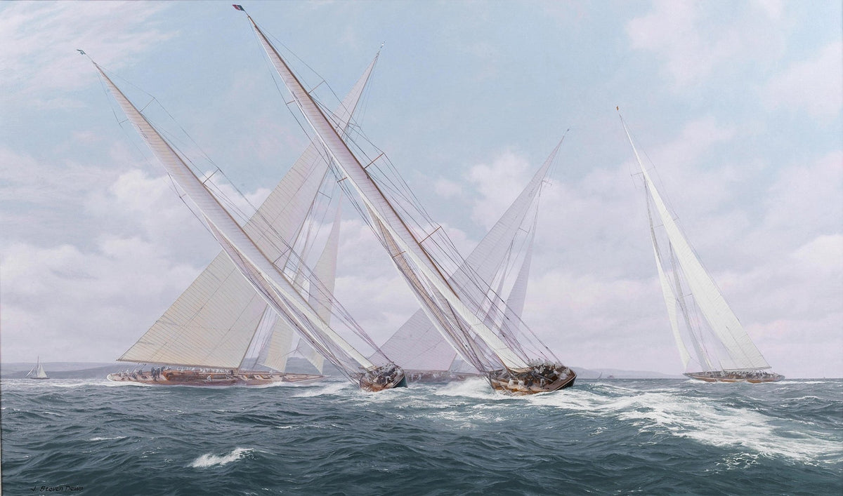Hand-painted classic yacht regatta with white sails nautical oil painting on canvas