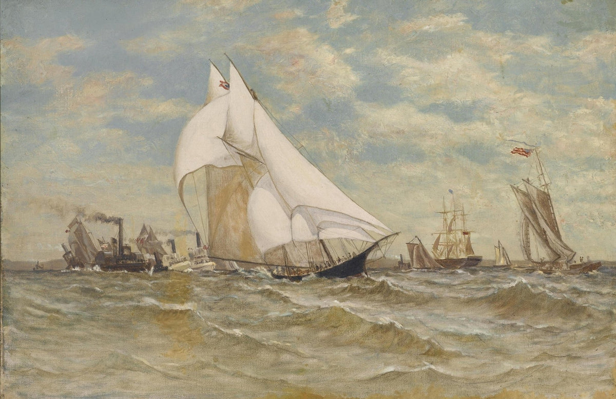 Hand-painted classic yacht with white sail at sea nautical oil painting on canvas