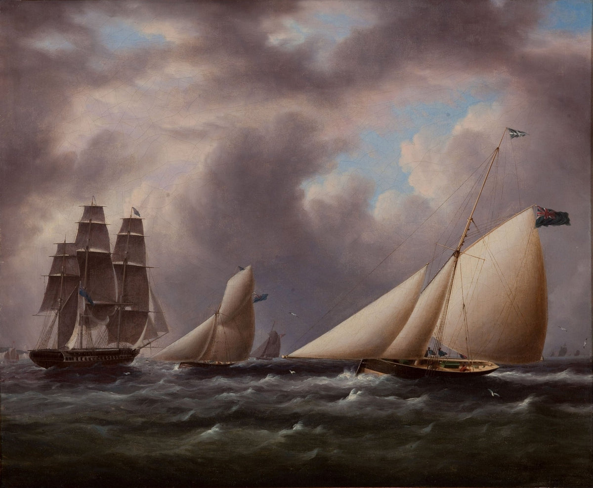 Hand-painted classic yachts under dark harbor skies nautical oil painting on canvas