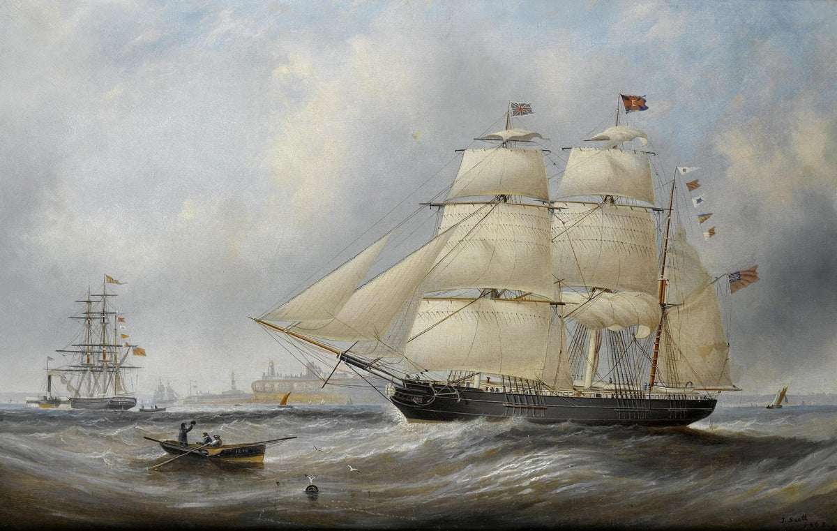 Hand-painted clipper ship and rowboat on choppy sea nautical oil painting on canvas