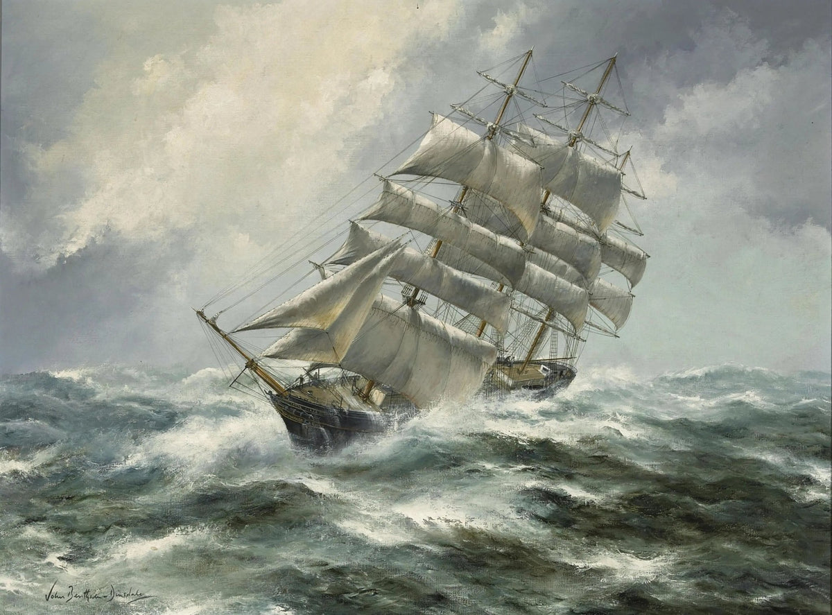 Hand-painted clipper ship in stormy sea nautical oil painting on canvas