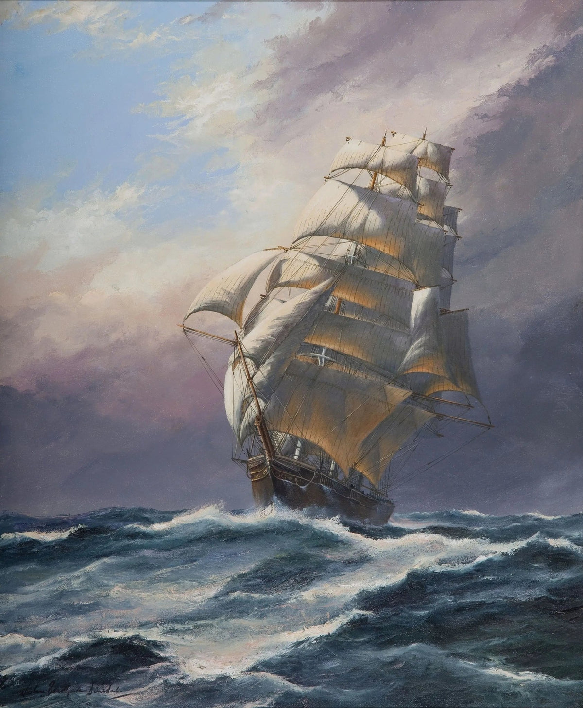 Hand-painted clipper ship in stormy sea nautical oil painting on canvas