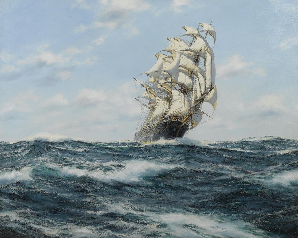 Hand-painted clipper ship on rolling blue-green sea nautical oil painting on canvas
