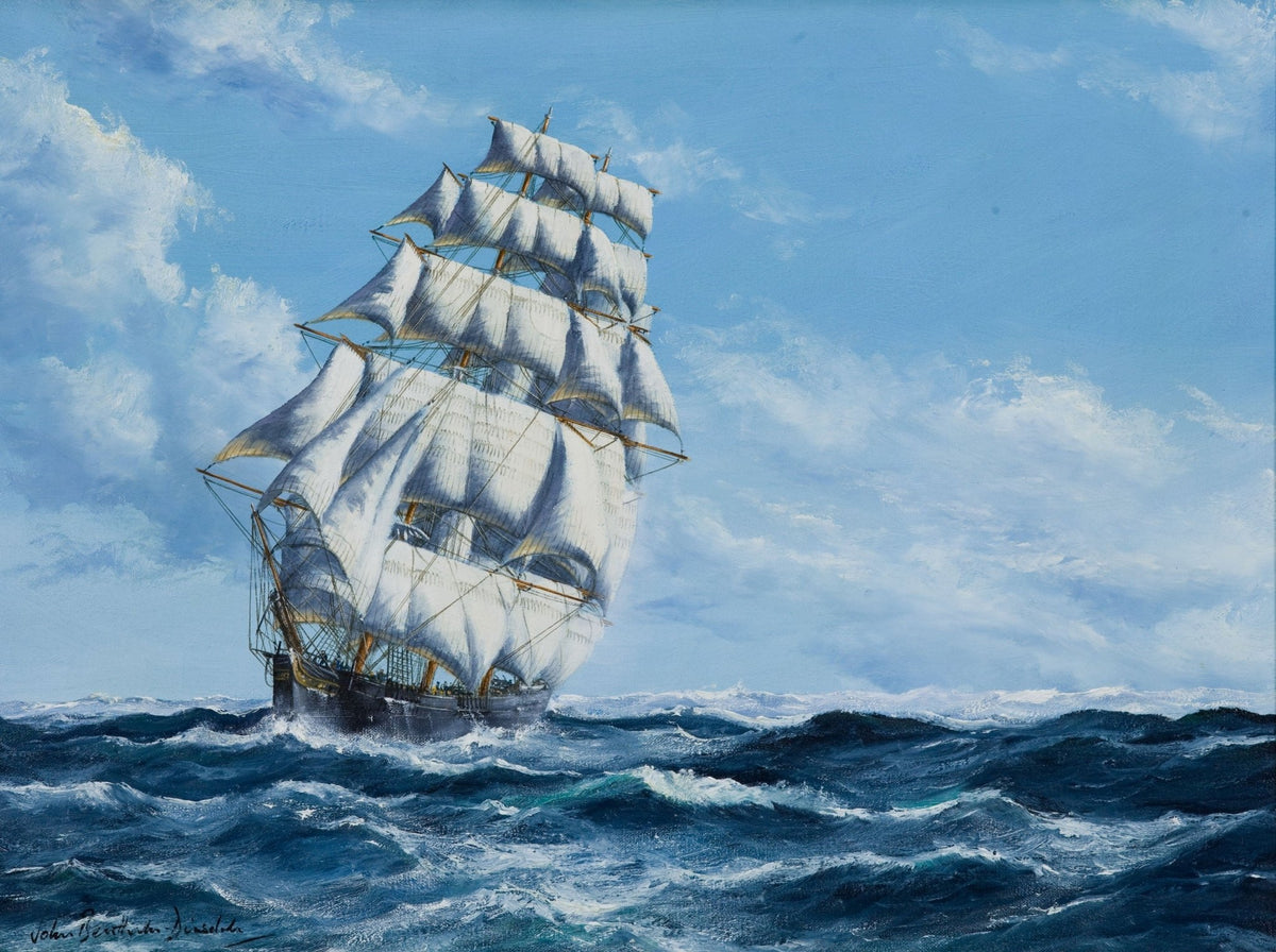 Hand-painted clipper ship on rolling ocean waves nautical oil painting on canvas