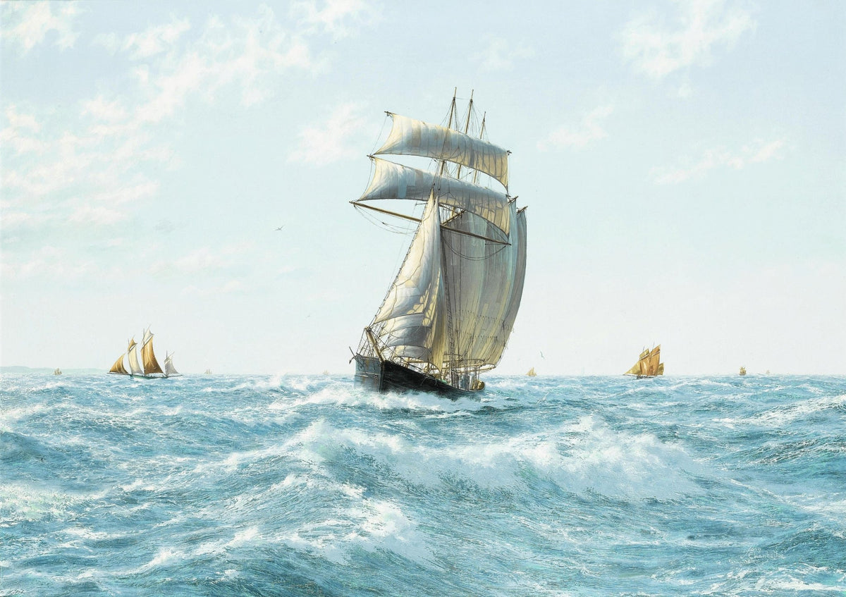 Hand-painted clipper ship with full sails on blue sea nautical oil painting on canvas