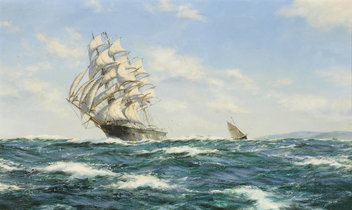 Hand-painted clipper ship with sails on blue sea nautical oil painting on canvas
